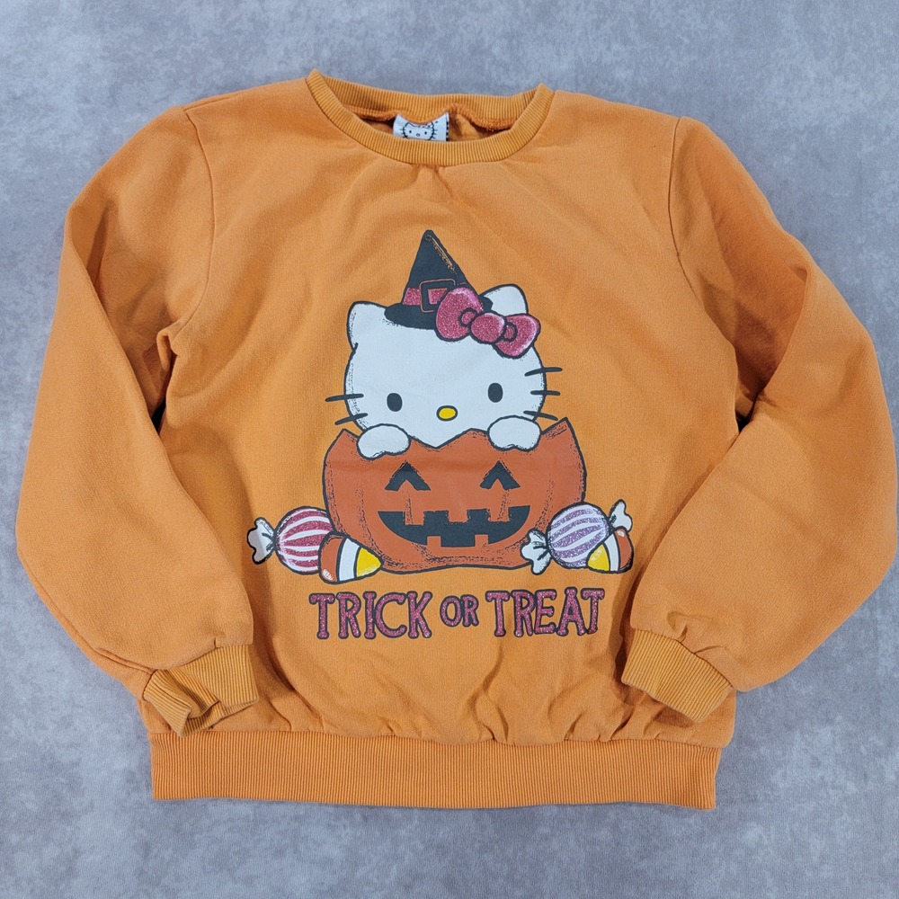 Hello Kitty Halloween Pumpkin Sweatshirt Orange Kids 8/10 Sanrio Trick or Treat